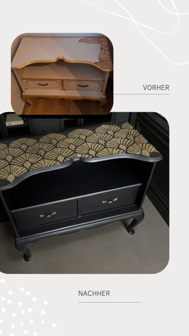 Golden Glimmer – Handveredeltes Unikat Schwarzer Schrank mit verzierten Türen und einer gemusterten Oberplatte.